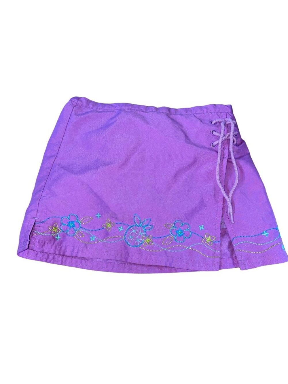 Girls Purple Embroidered Skort With Floral Design & Lace-Up Detail